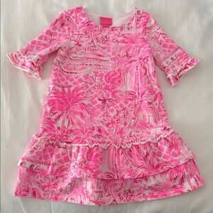 Lilly Pulitzer Girls Pink Tropical Print Ruffle Dress